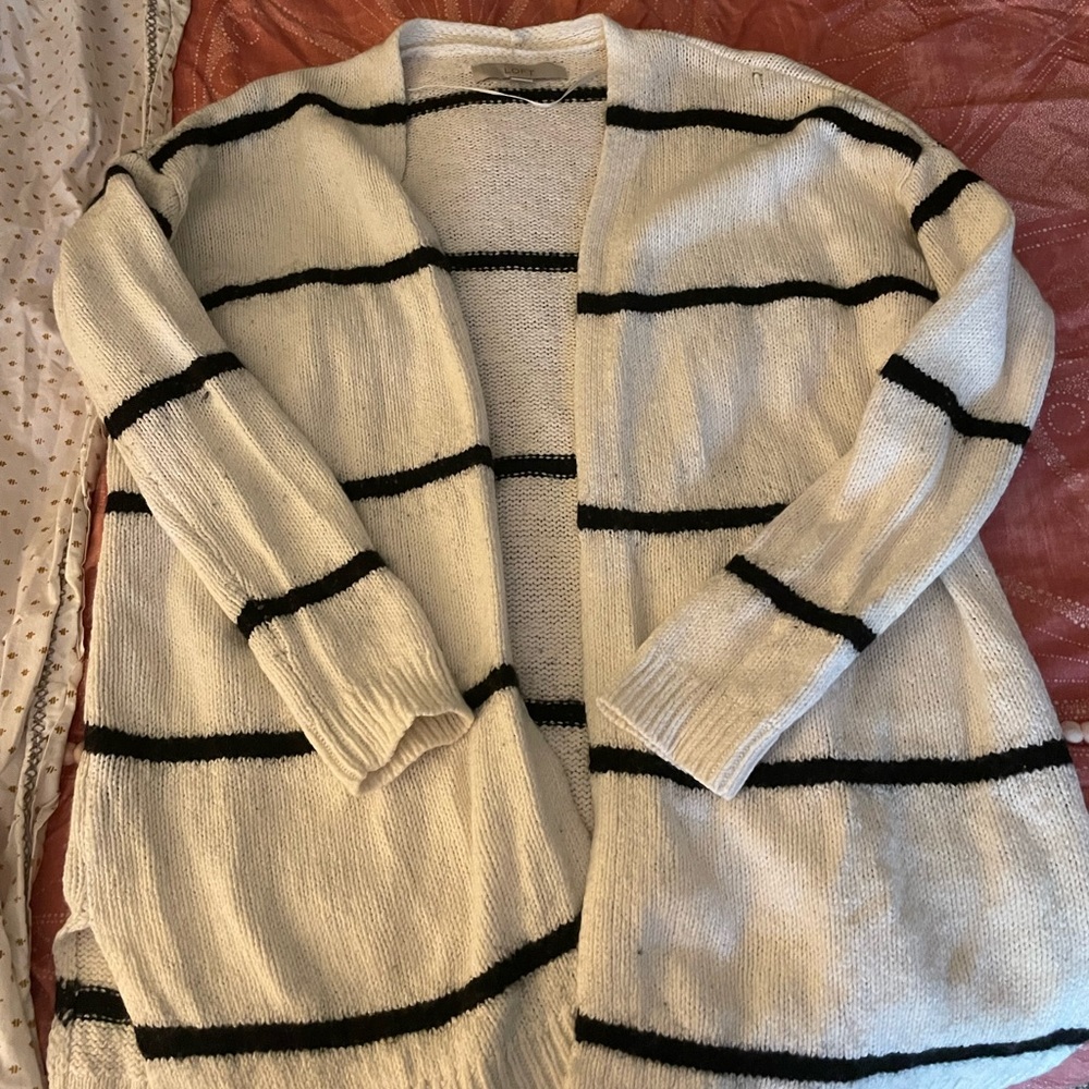White striped LOFT Open Cardigan